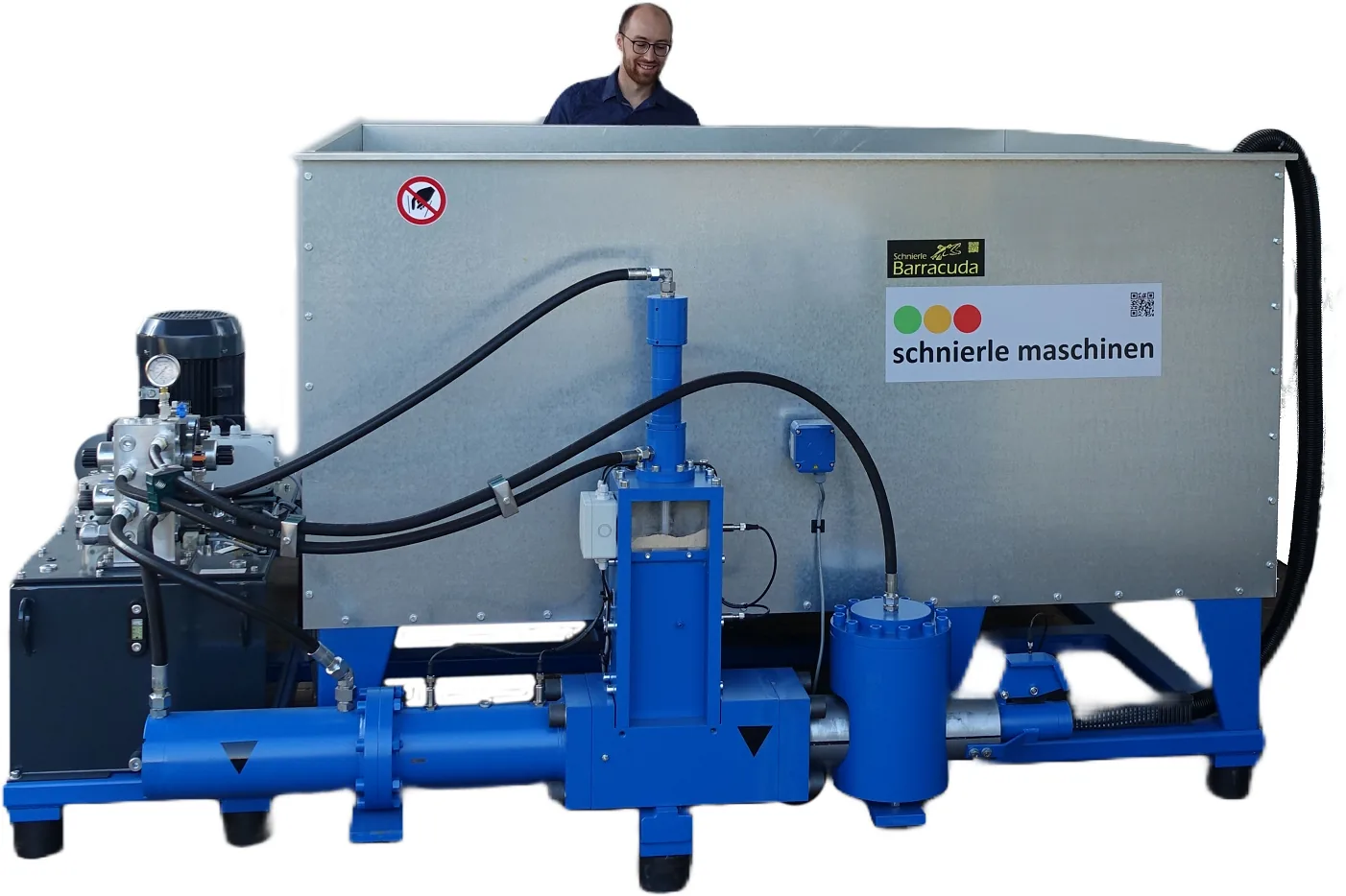Spänepresse Schnierle Barracuda mit Einfülltrichter und Hydraulikaggregat